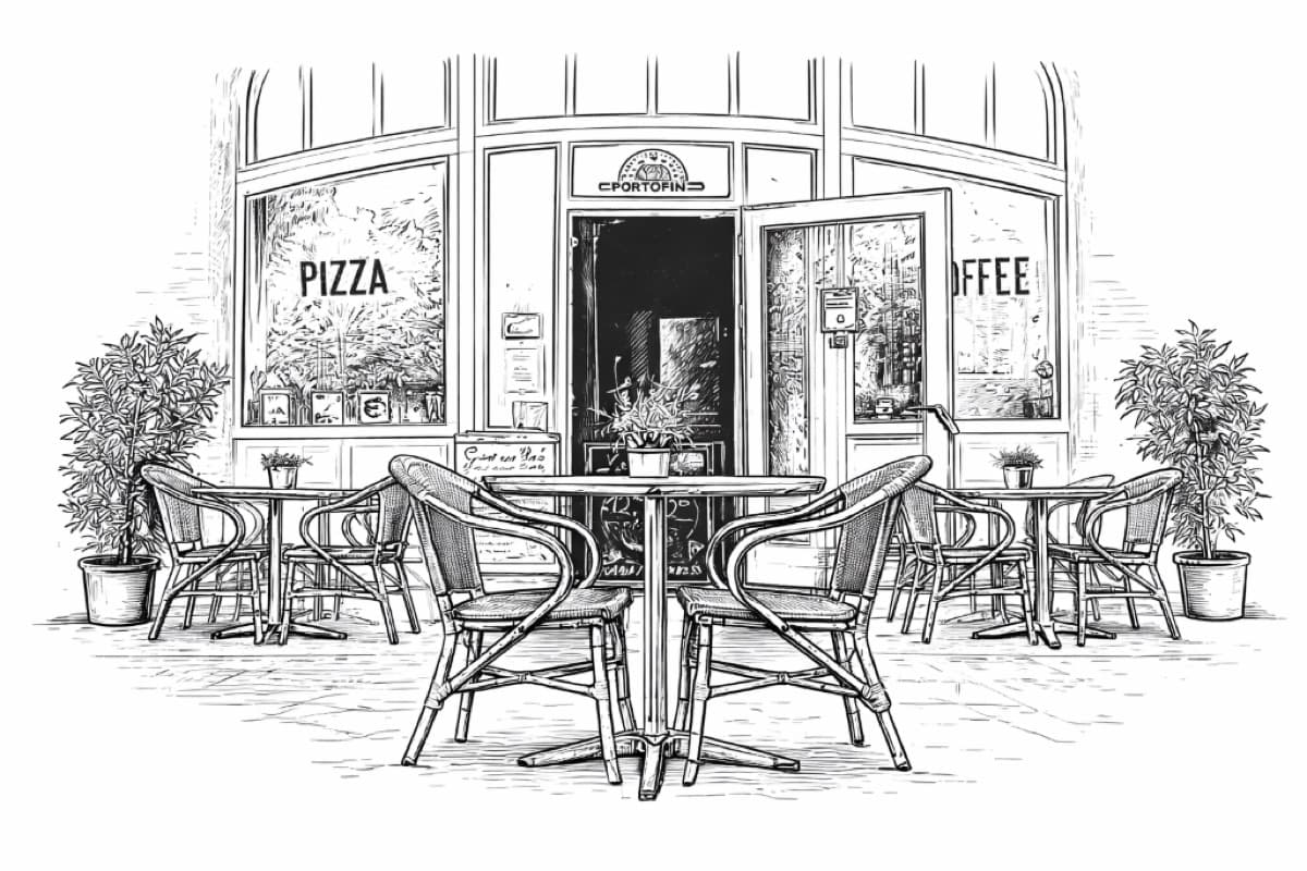 Italienisches Restaurant Lübeck – Pizzeria Portofino Eingang, Hinterhof-Terrasse in der Lübecker Altstadt