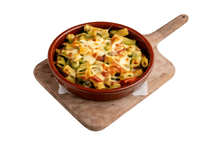 Pasta Al Forno in Pesto-Sahnesauce mit Kirschtomaten, Scamorza und Mozzarella, im Steinofen überbacken – Pizzeria Portofino Lübeck