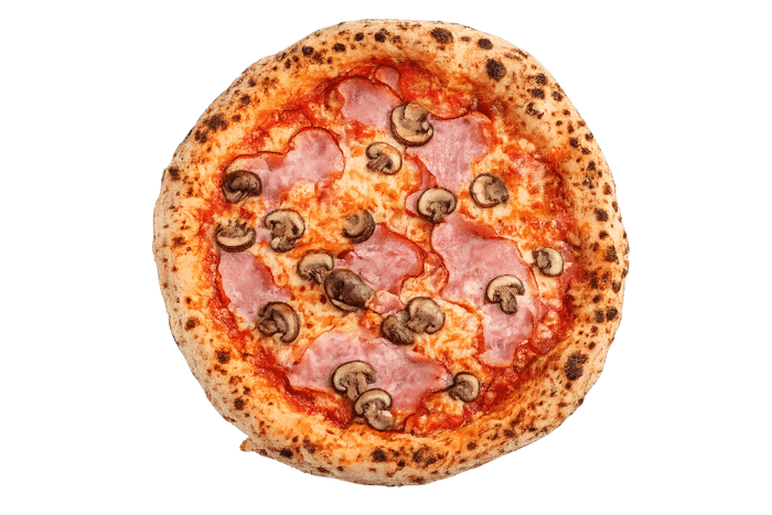 Pizza Prosciutto e Funghi mit Kesselschinken, Champignons und Mozzarella – Pizzeria Portofino Lübeck