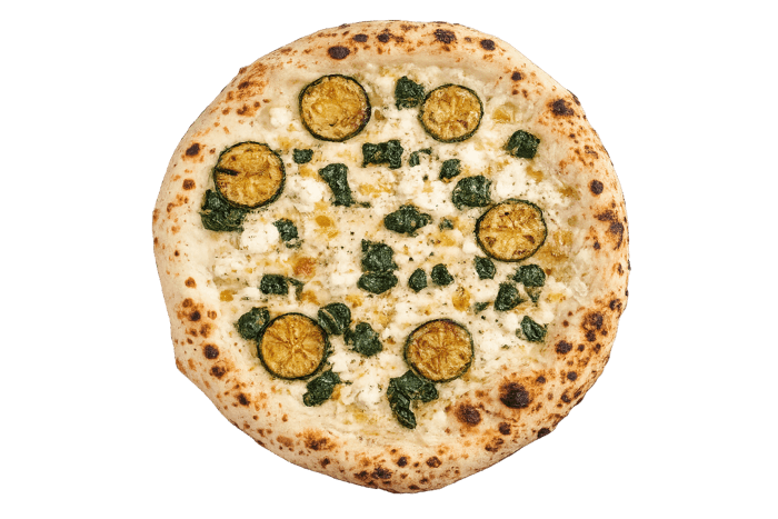 Pizza Vegetariana mit Mozzarella, Peperoni, Blattspinat, Zucchini und Feta – Pizzeria Portofino Lübeck